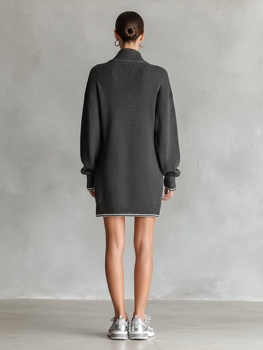 Knit White-Trim Polo Neck Mini Dress