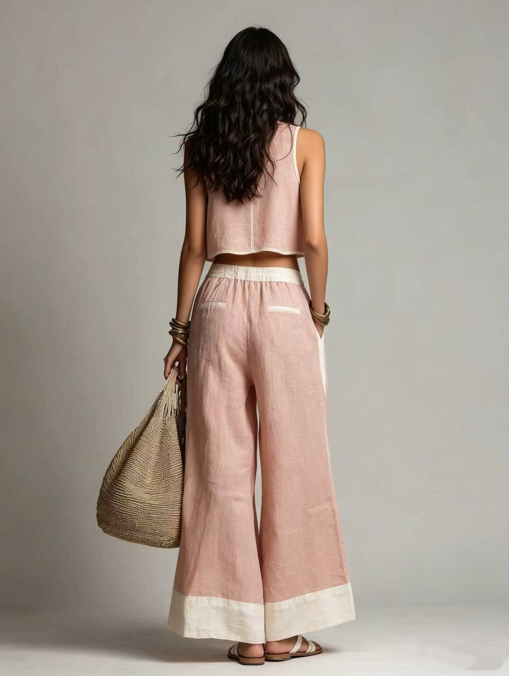 Light Pink V-Neck Sleeveless Top & Trousers Set