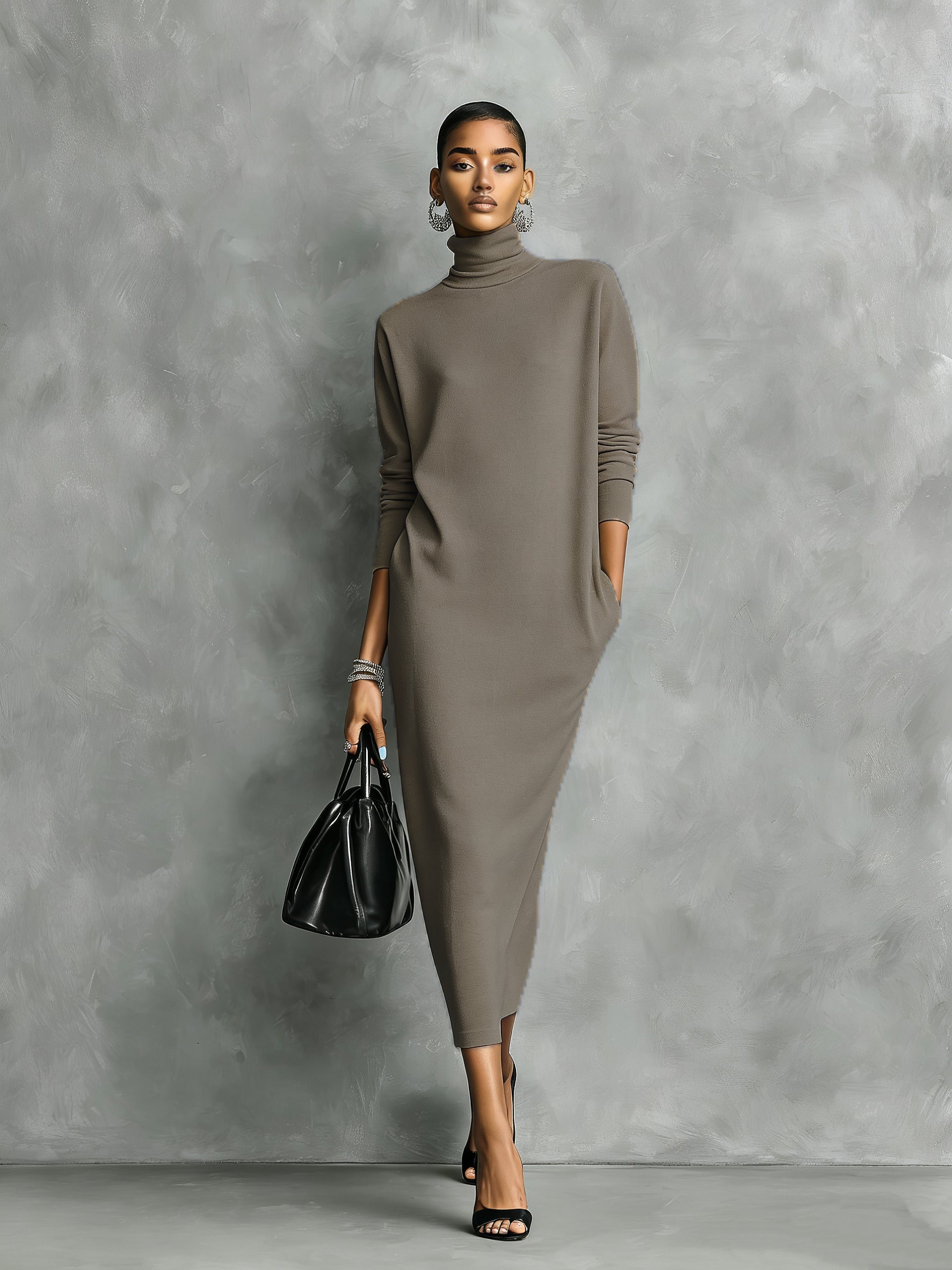 Black Knitted Turtleneck Midi Dress
