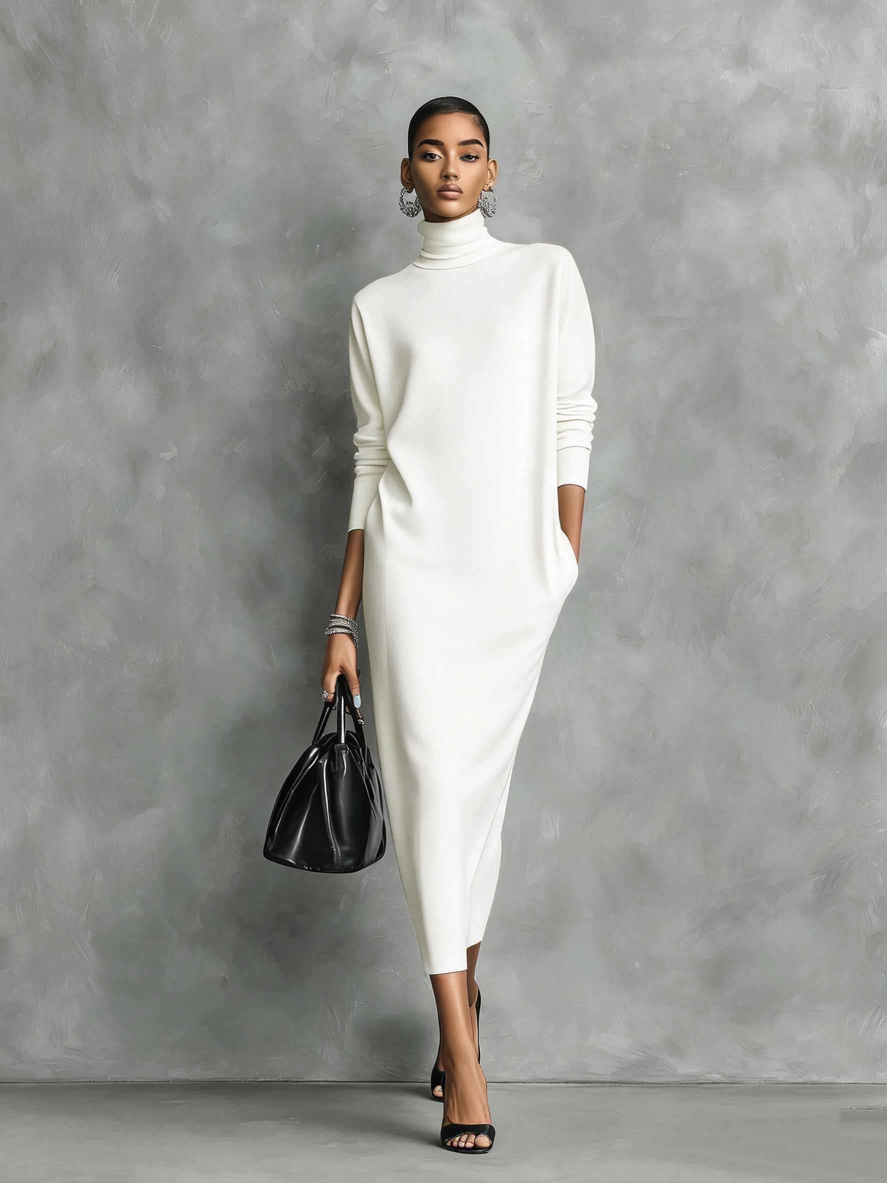 Black Knitted Turtleneck Midi Dress