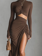 Brown Stretch Knit Long-Sleeve Dress
