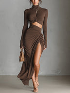 Brown Stretch Knit Long-Sleeve Dress