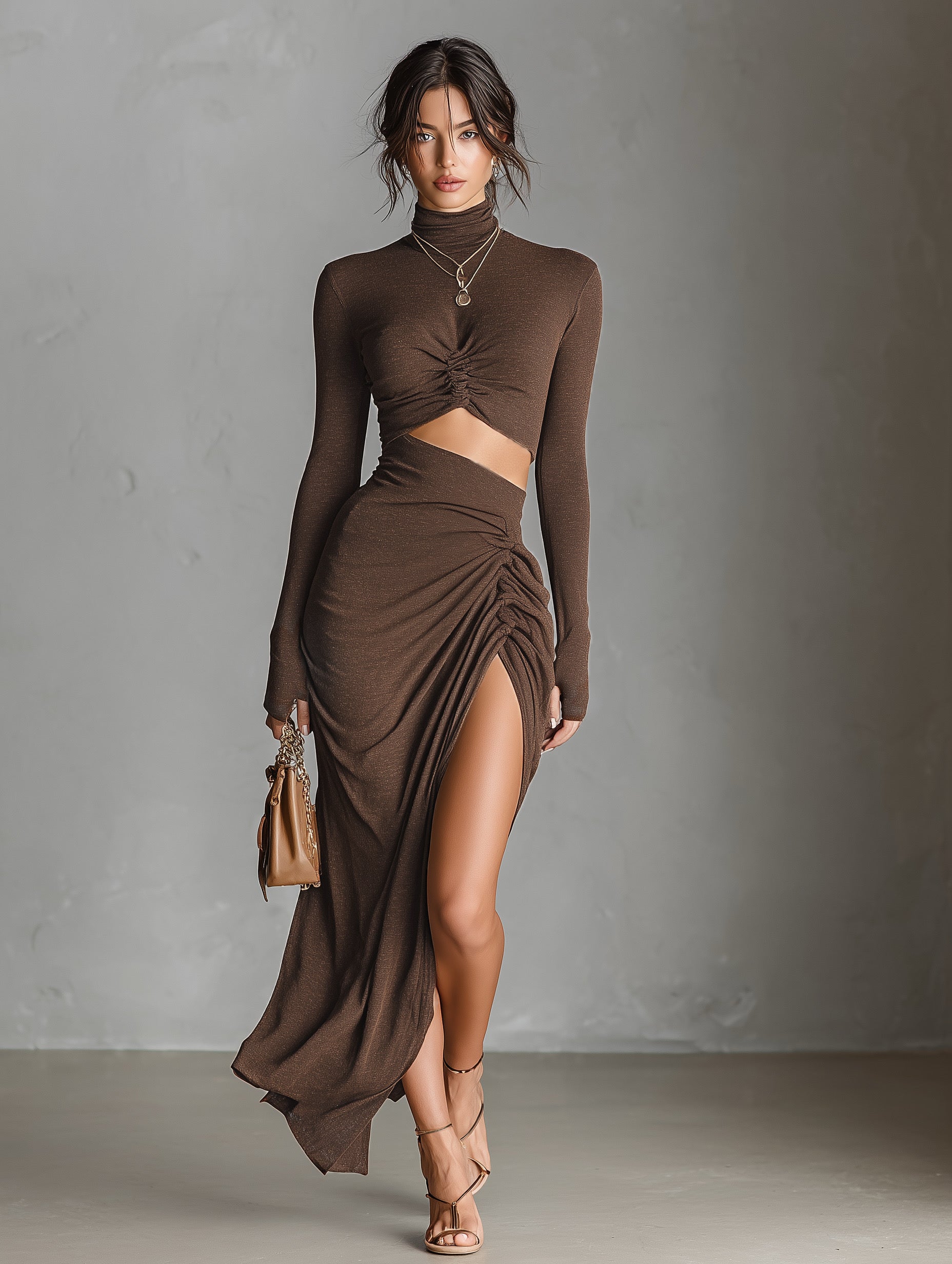 Brown Stretch Knit Long-Sleeve Dress