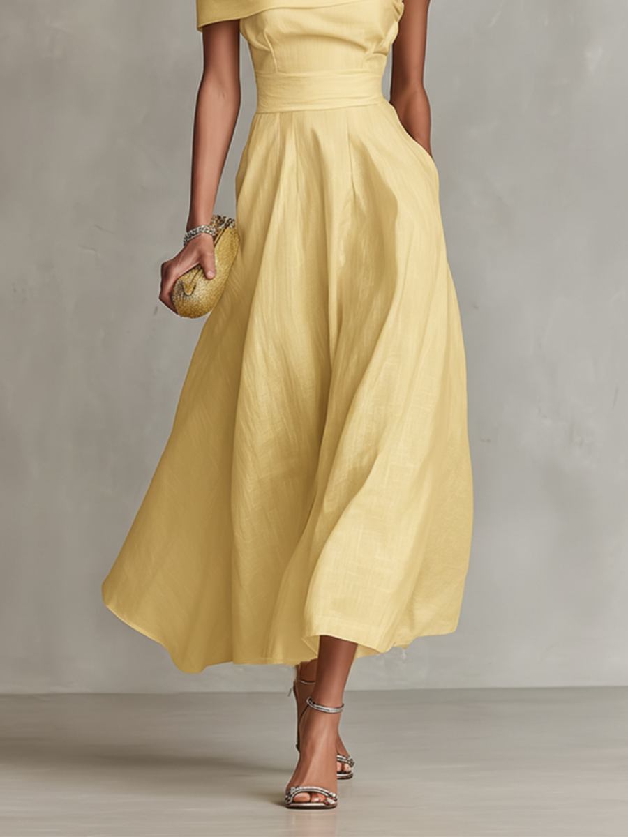 Yellow Linen One-Shoulder Fitted Dress