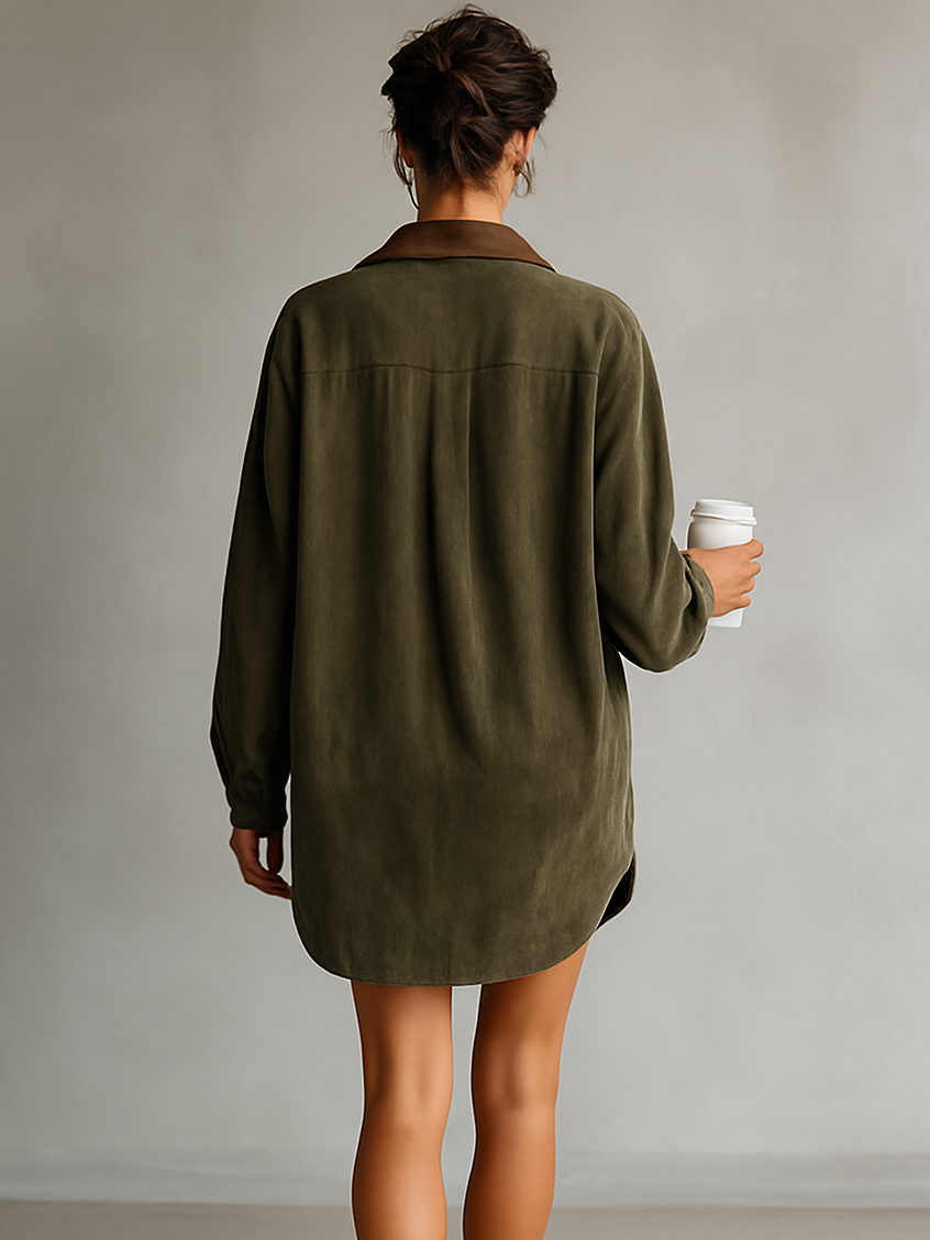 Suede Leather-Lapel Mini Dress