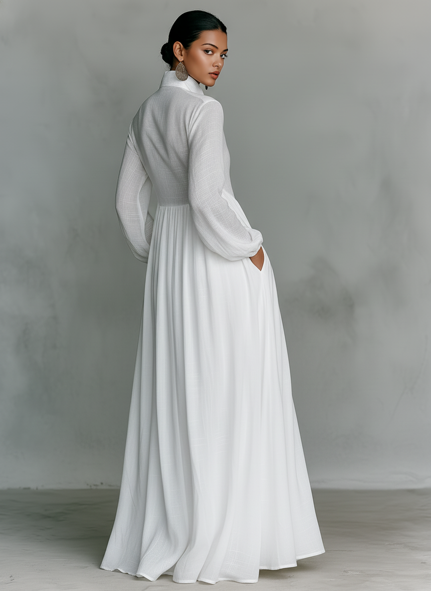 Cotton Linen Stand Collar Maxi Dress