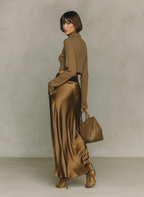 Gold-Brown Knit Turtleneck & Satin Midi Skirt Set
