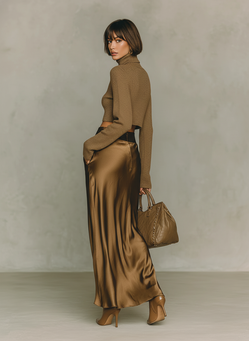 Gold-Brown Knit Turtleneck & Satin Midi Skirt Set