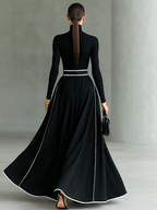 Women's Black Stitching White Trim High Collar Long Sleeve Tight Belt Maxi Dress MDA1031G0Y