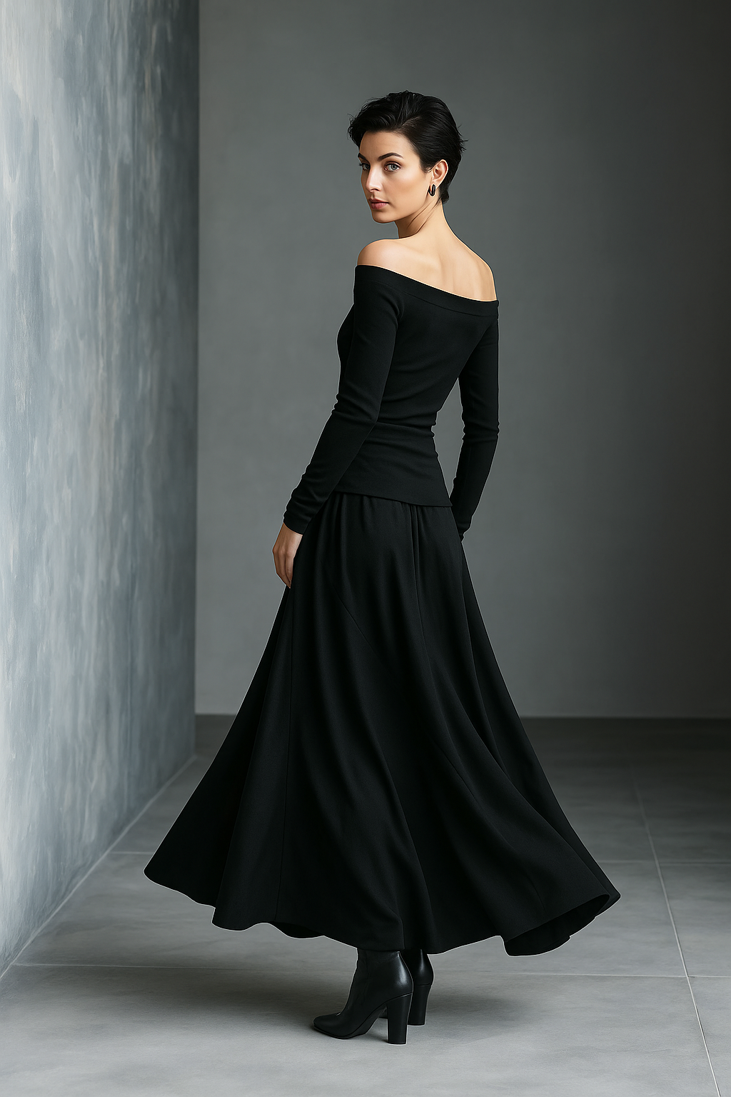 Off-Shoulder Knit Top & Woven Skirt Set