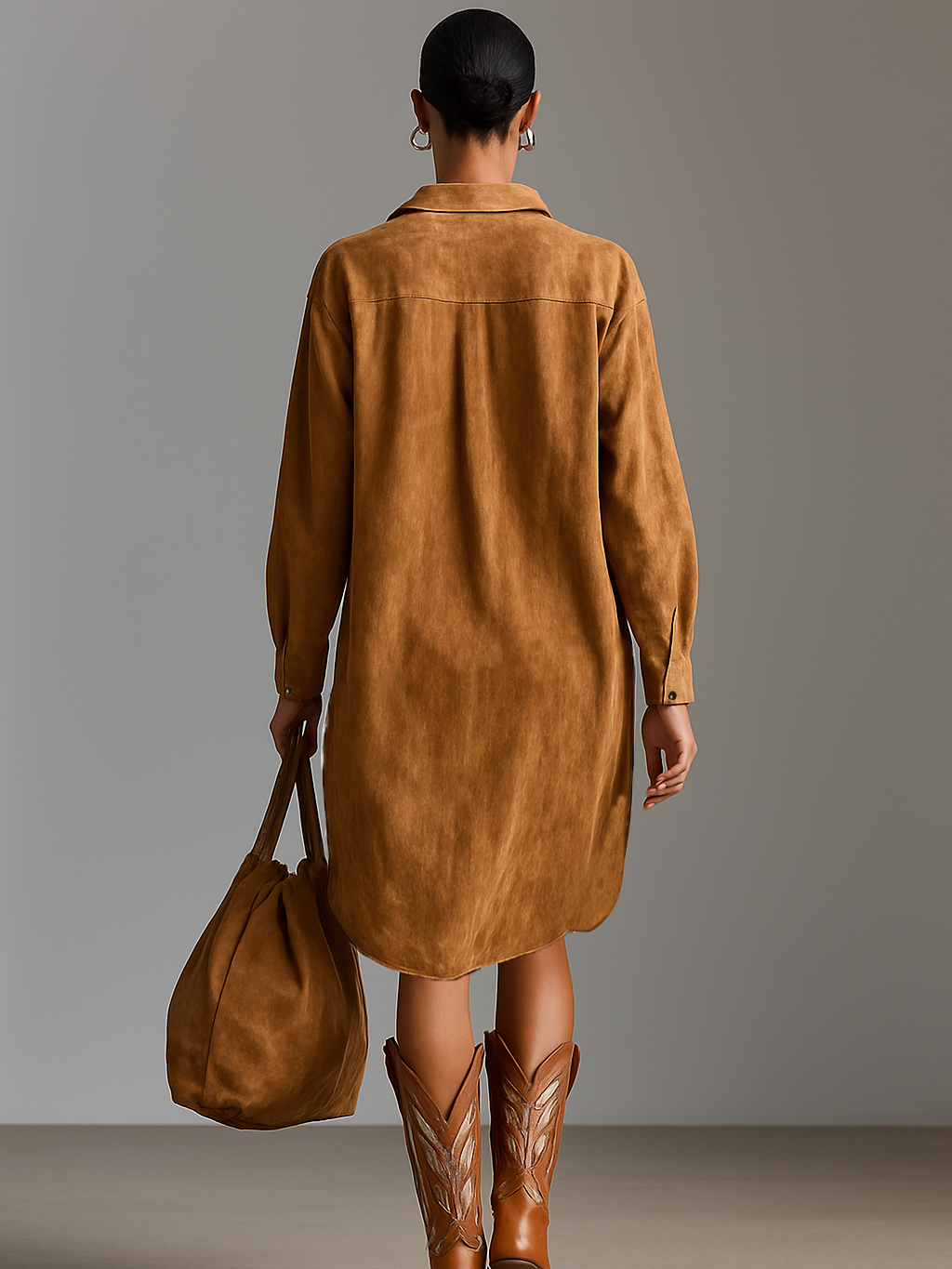 Suede Embroidered Lapel Midi Dress