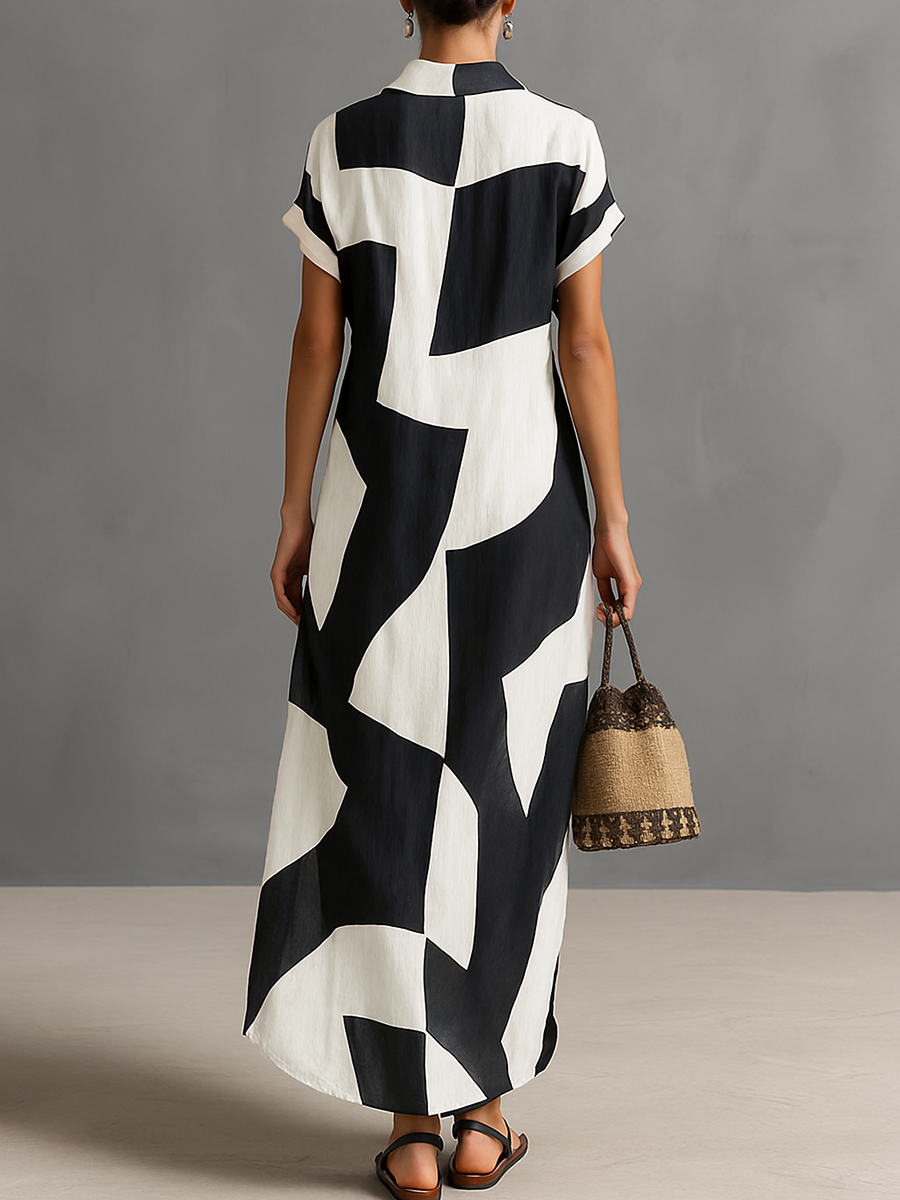 Geometric Print Lapel Shirt Maxi Dress