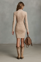 Suede Embroidered Lapel Slim Midi Dress