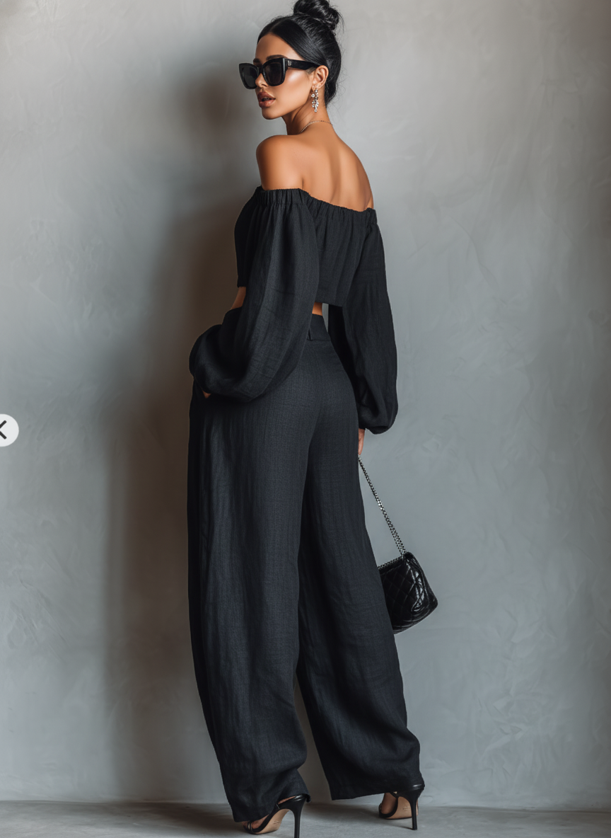 Linen Strapless Blouse & Wide-Leg Pants Set