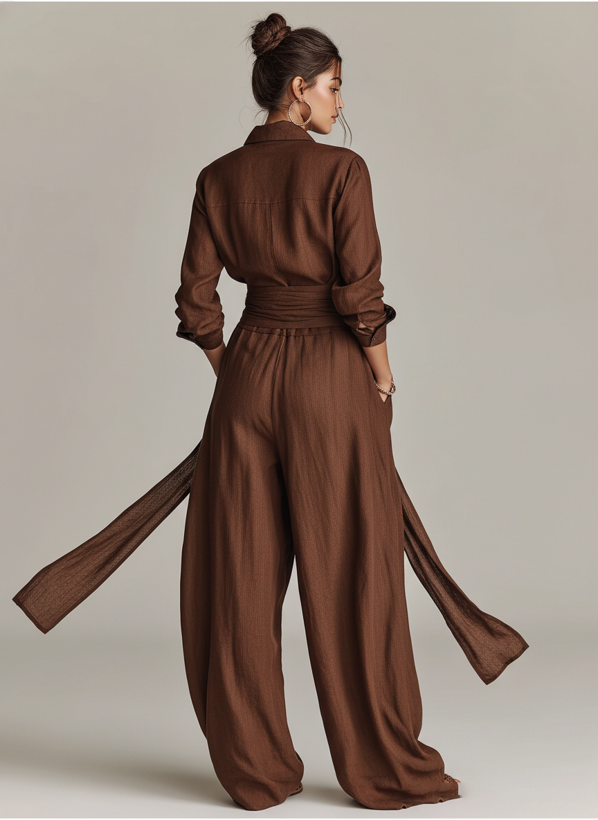 Cotton Linen Belted Shirt Collar Jumpsuit