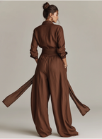 Cotton Linen Belted Shirt Collar Jumpsuit