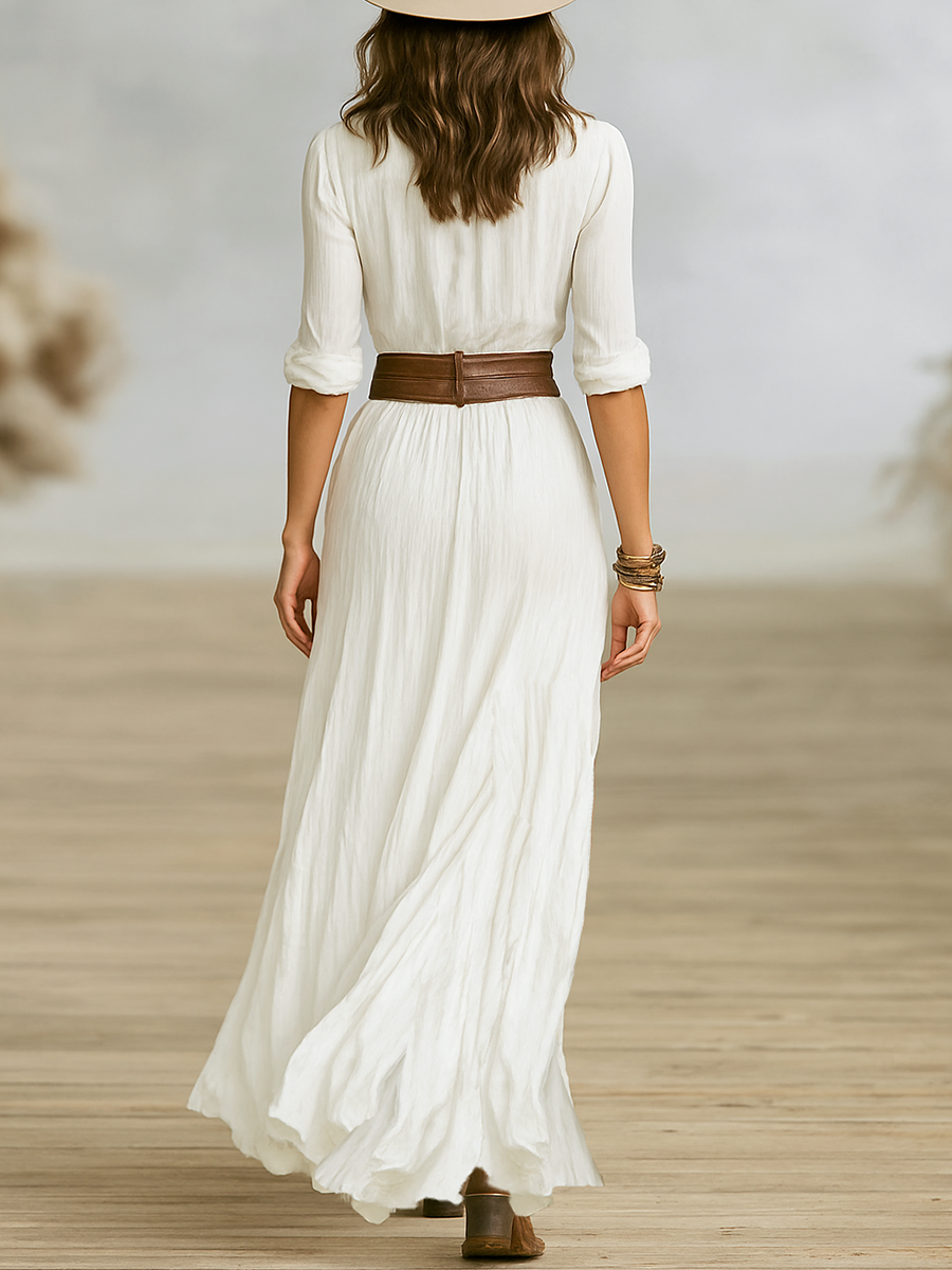 Pleated Lapel Cotton Linen Maxi Dress