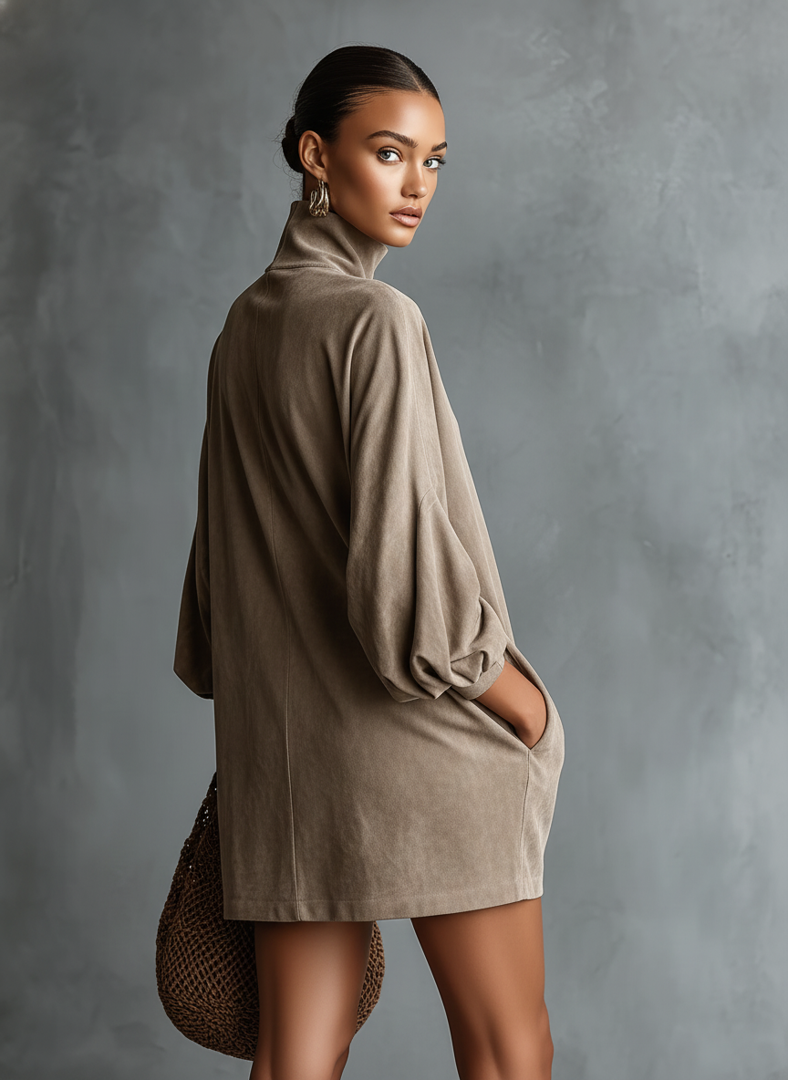 Faux Suede High-Neck Mini Dress