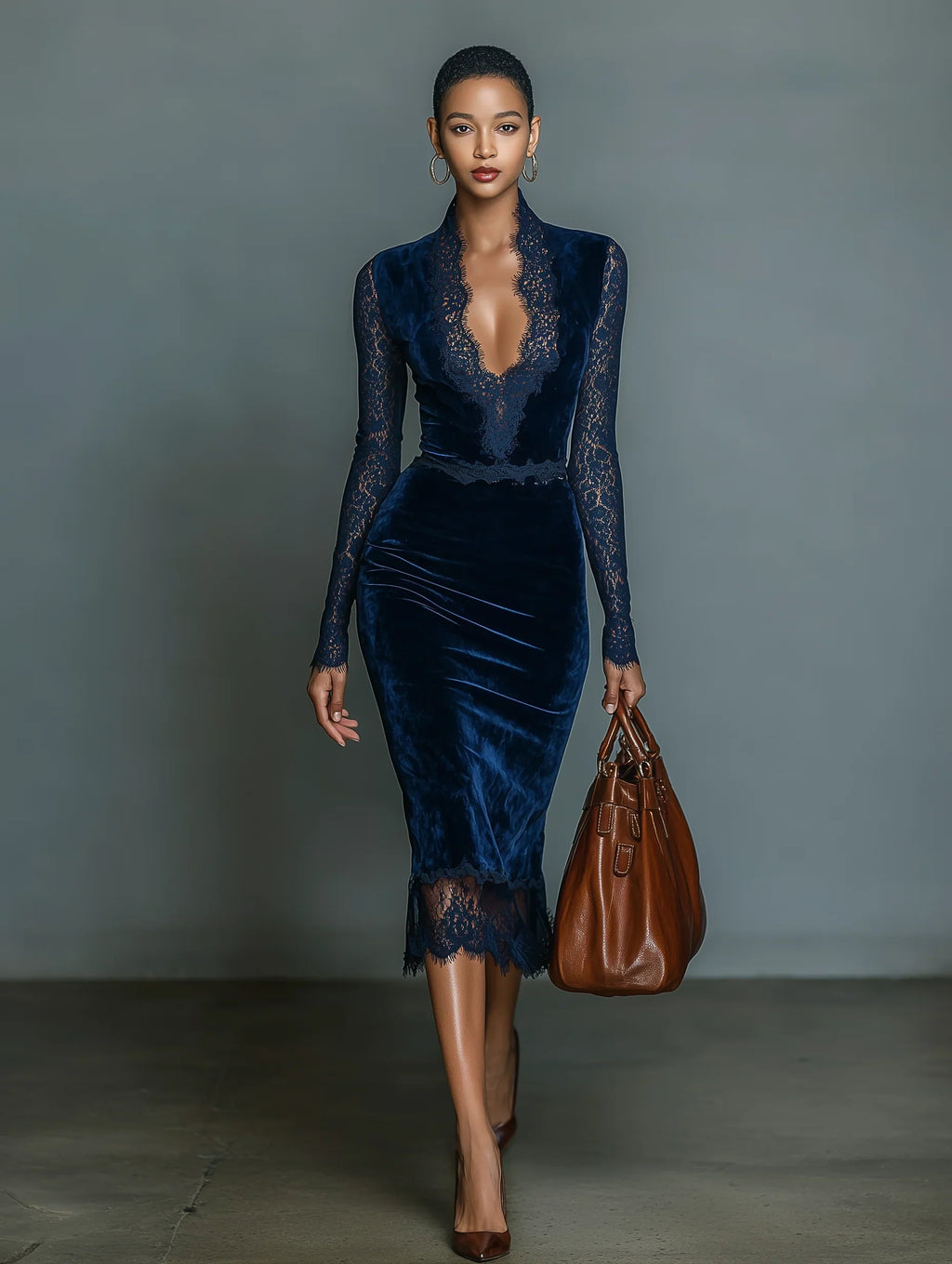 Velvet Lace-Trim V-Neck Midi Dress