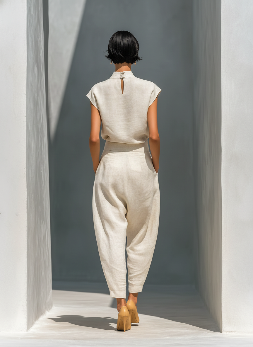 Ivory Mandarin Collar Keyhole Top & Barrel Skirt Set