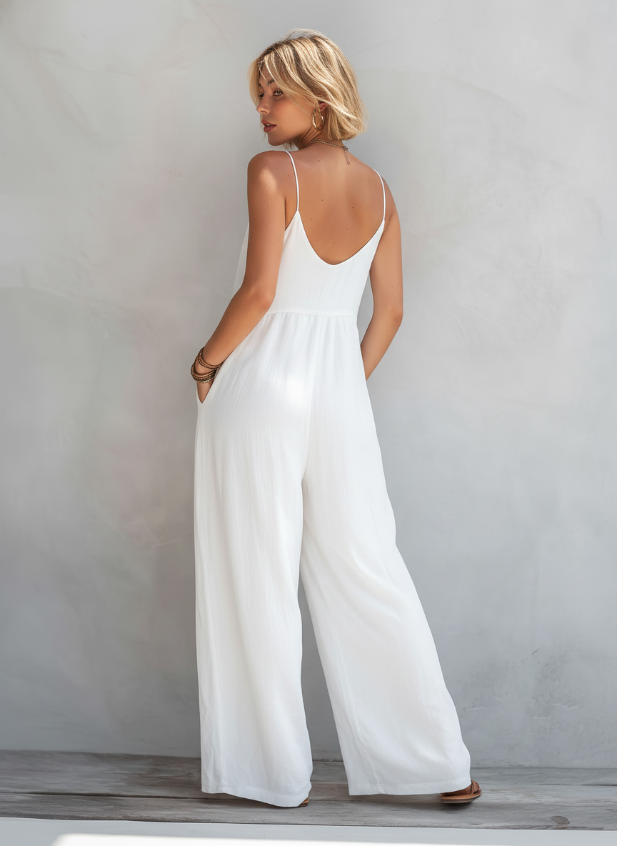 White Cotton Linen Sleeveless Loose Jumpsuit