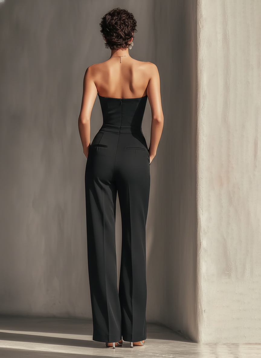 Black Strapless Striped Wide-Leg Jumpsuit