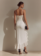 Women Elegant White Chiffon Patchwork Chiffon Ruffled Hem Irregular Slit Maxi Dress MDZ0385D9GMJ