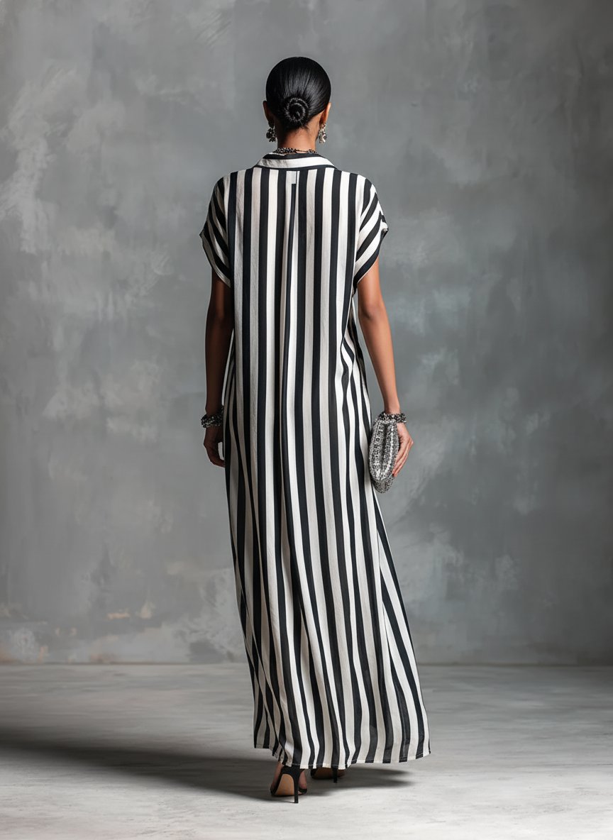 Black & White Striped Sleeveless Button-Front Long Dress
