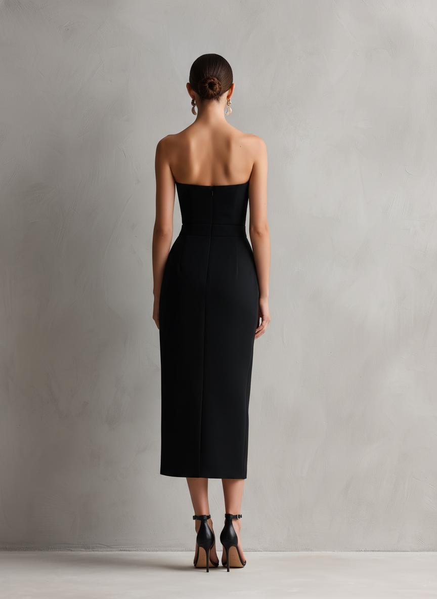 Black Strapless Bodycon Midi Dress