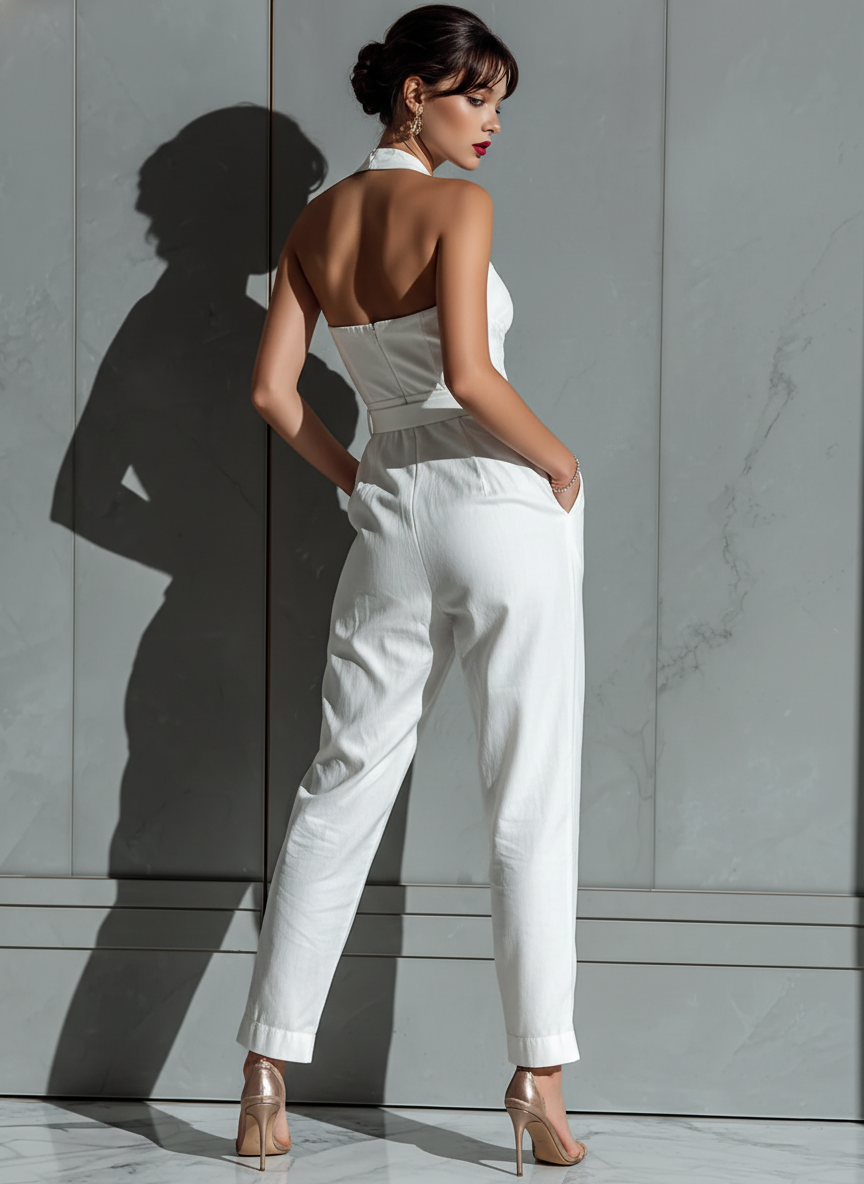 Ivory Linen Cinched Waist Wide-Leg Jumpsuit