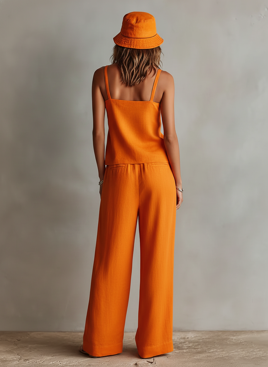 Orange Linen Square Neck Cami & Wide-Leg Set