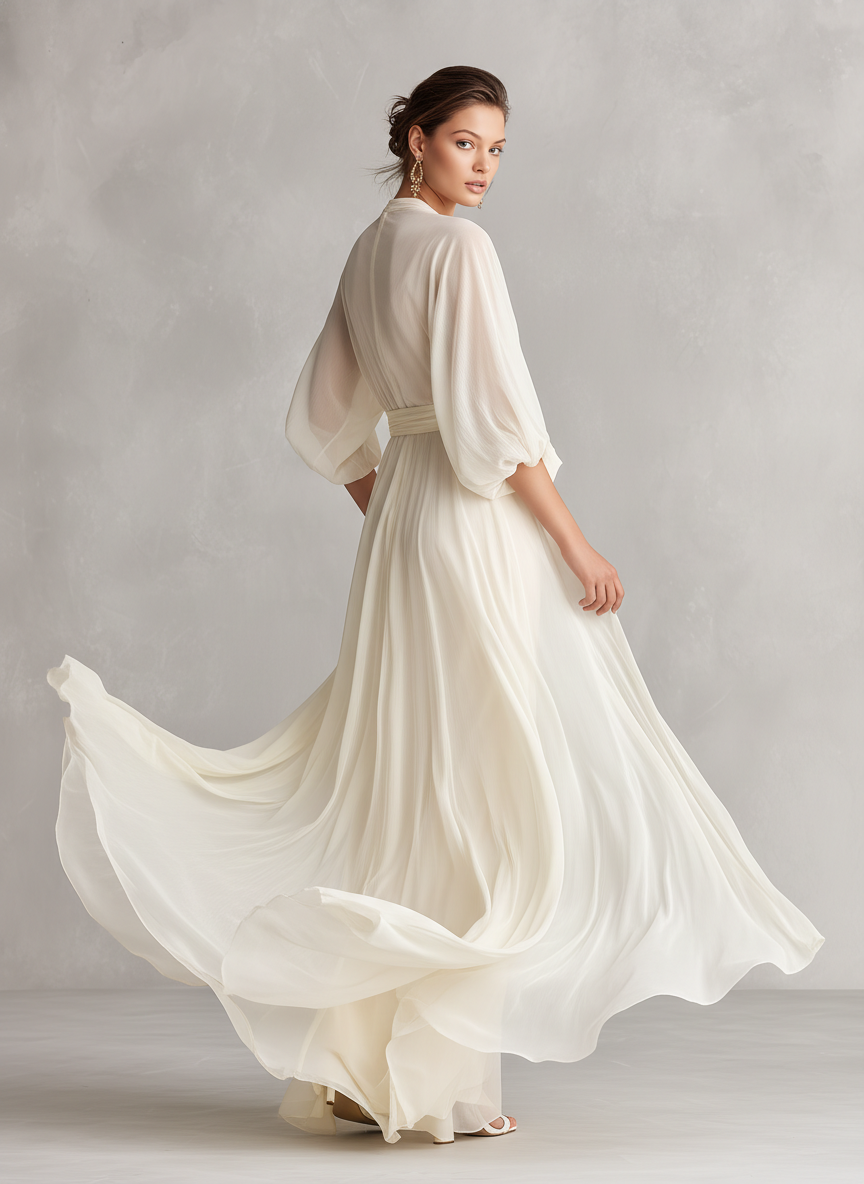 Ivory Sheer Chiffon Puff Sleeve Wrap Dress
