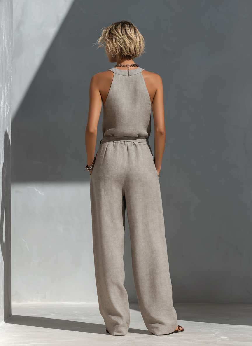 Grey Linen Halter Neck Cut-Out Wide-Leg Jumpsuit