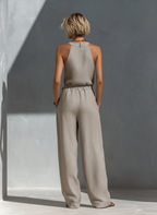 Grey Linen Halter Neck Cut-Out Wide-Leg Jumpsuit