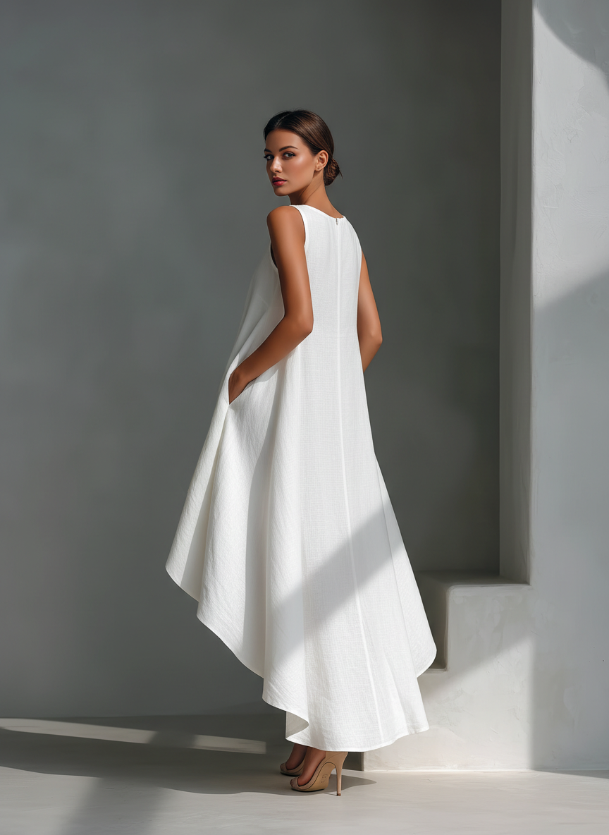 White Linen Asymmetric Hem Midi Dress