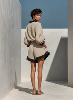 Beige Ruffle Trim Blouse & Ruffle Shorts Set