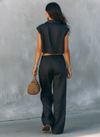 Linen Sleeveless Shirt & Straight-Leg Pants Set