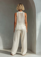 Cream Sheer Chiffon Top & Drawstring Wide-Leg Set