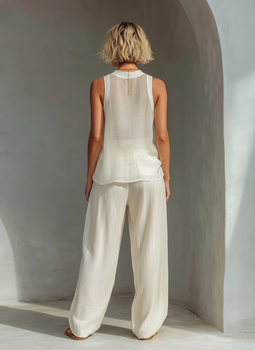 Cream Sheer Chiffon Top & Drawstring Wide-Leg Set