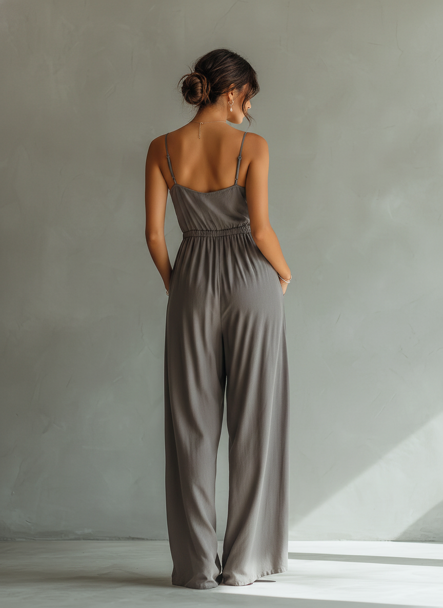 Charcoal Linen Spaghetti Strap Smocked Waist Jumpsuit