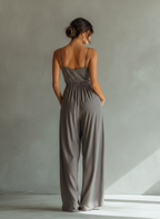 Charcoal Linen Spaghetti Strap Smocked Waist Jumpsuit