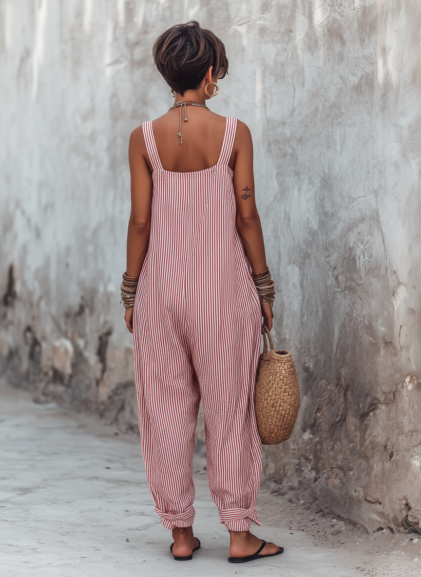 Striped Square-Neck Sleeveless Wide-Leg Jumpsuit