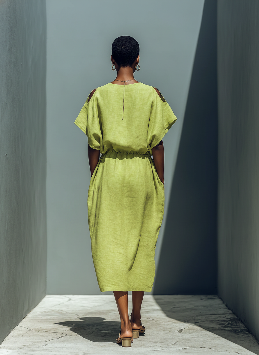 Lime Green Linen Cold-Shoulder Midi Dress