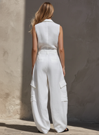 White Cotton Linen Collared Sleeveless Lined Jumpsuit
