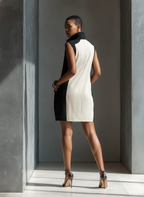 Black & White Color-Block Stand Collar Half-Zip Mini Dress