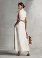 Women's Sleeveless V-Neck Tie-Waist Cotton Linen Maxi Dress MDZ1153B7BA