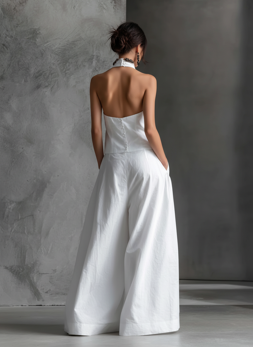 White Linen Halter-Neck Top & Skirt Set