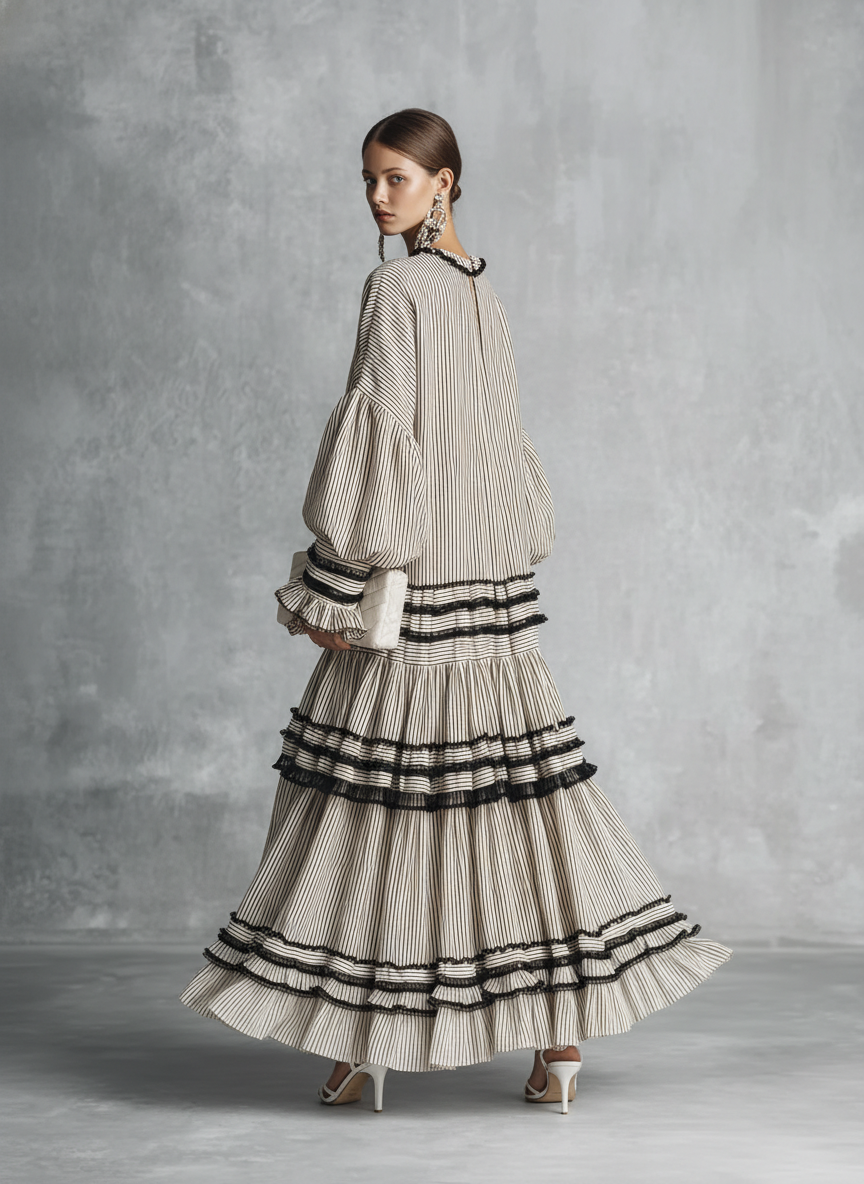 Women's Boho Striped Ruffle Tiered Cotton Blend Long Sleeve Maxi Dress MDZ1426B2BA