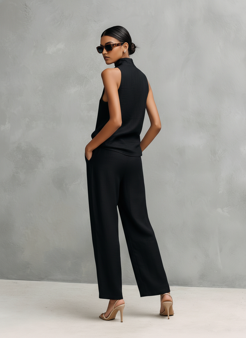 Cotton Linen Round-Neck Sleeveless Top & Trousers Set