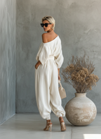 Off-White Linen Off-Shoulder Top & Tapered Pants Set